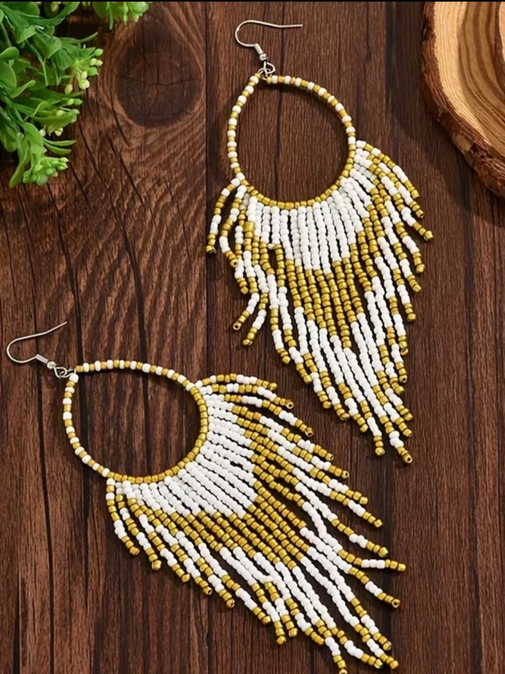 NWT white and gold boho fringe seed bead earring